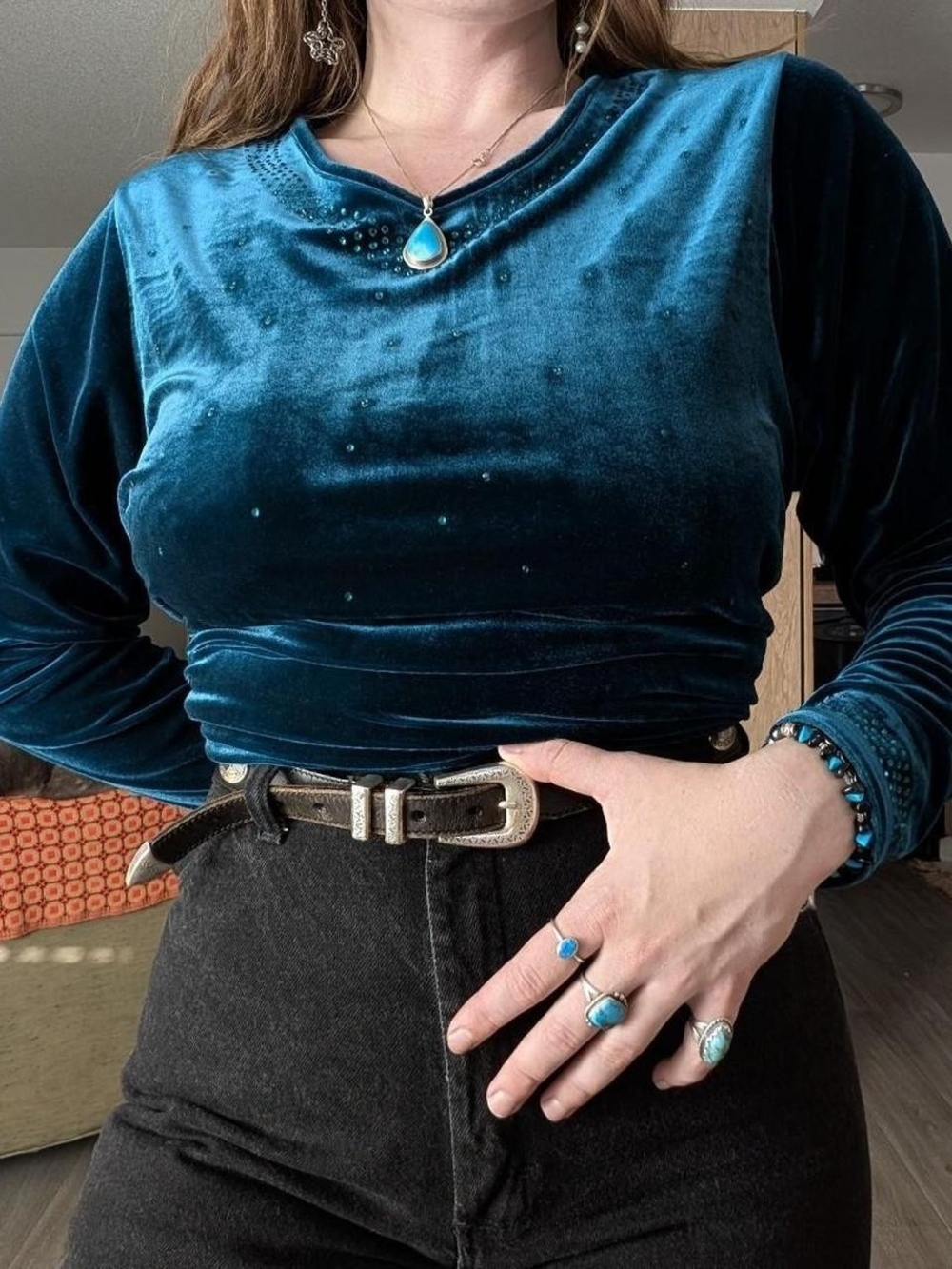 Turquoise Velvet Long-Sleeve Top